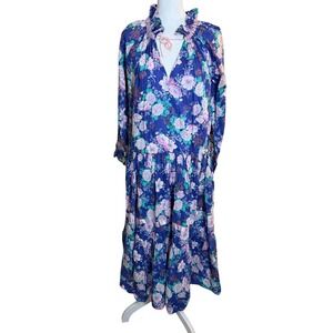 VTG Henri Christian Paris Floral Maxi Prairie Dress Ruffle Neck Boho Cottage S/M